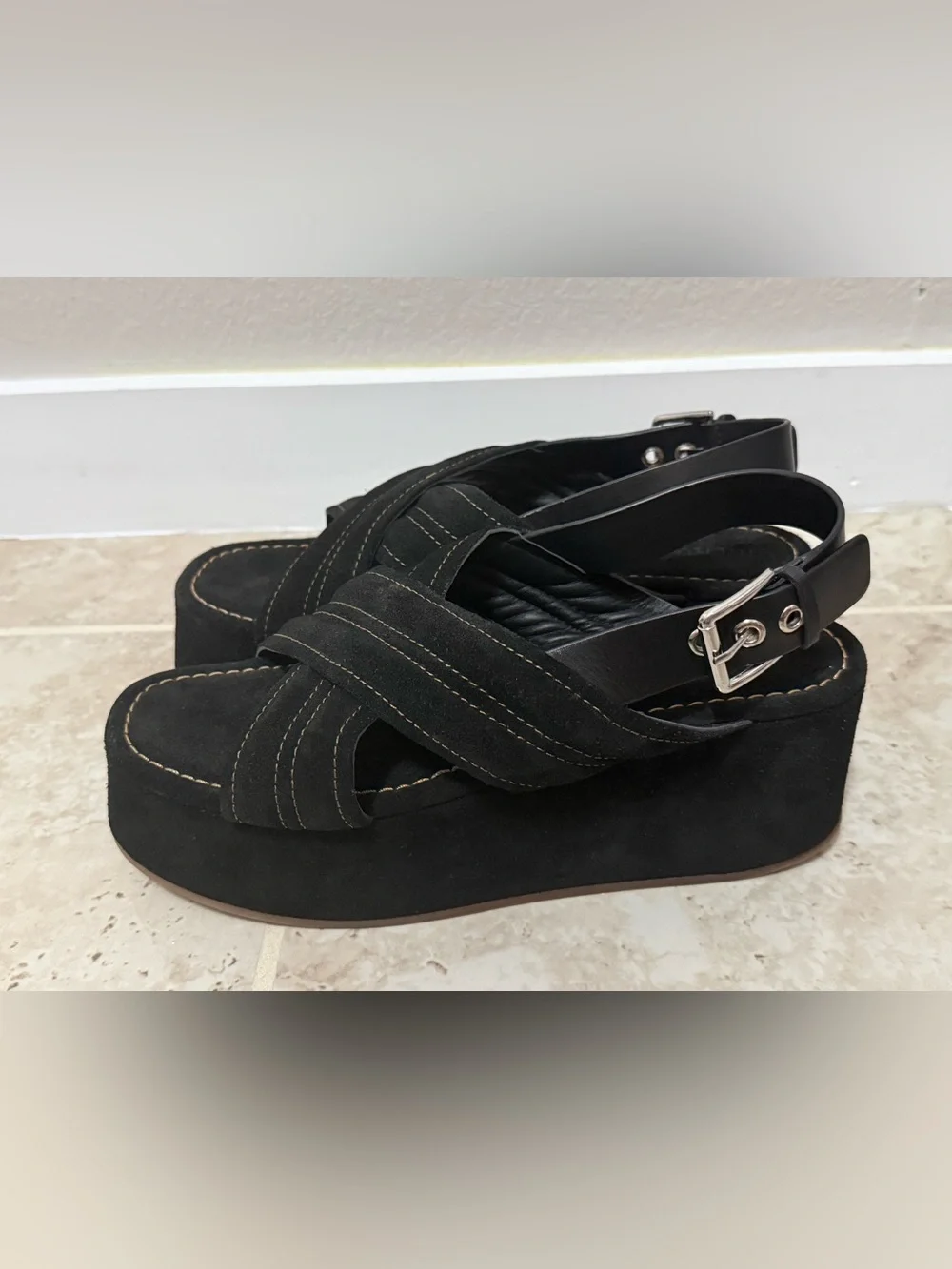 Free People Women's Beach Party Platform Sandals In Black Suede Color.